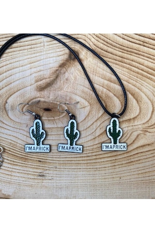Kaktüs I'm Maprick Kolye Küpe Renkli Unisex Metal Kolye Küpe Seti