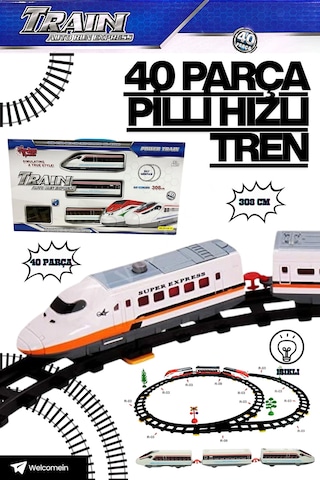 Welcomein 40 Parça Pilli Işıklı 308 Cm Hızlı Tren Seti Şalterli Ve Kavisli Raylı Ağaç Işaretli Oyun Seti