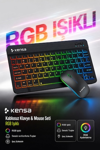 Tablet Ve Bilgisayar İçin Rgb Led Işıklı Taşınabilir Kablosuz Bluetooth Klavye Ve Dongle'lı Mouse Seti Siyah