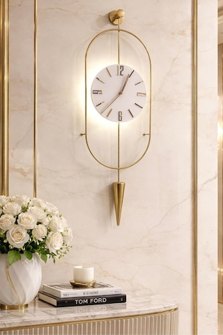 Metaquartz Aksesuar Gold Ledli Serenity Pendulum Duvar Saati, Modern Dekoratif Metal Camlı Duvar Saati Serenitypendulum Çok Renkli