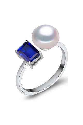 Beyaz Lsooyh Doğal Tatlı Su Inci Yüzükler Kadınlar Için Moda Boho Mavi Kristal Yüzük Inci Takı Beyaz