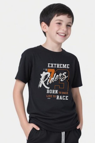 Panios Kids Extreme Riders Baskılı Erkek Çocuk Yuvarlak Yaka Kısa Kollu T-shirt Siyah