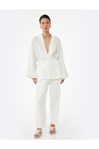 Koton Mandarin Yaka Beli Bağcıklı 3/4 Geniş Kollu Kimono Kırık Beyaz 5sak50120pw Ekru