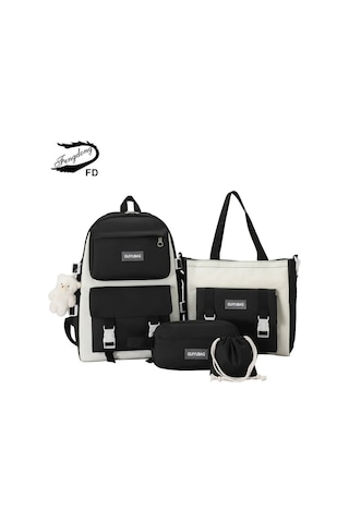 Fengdong 5 Adet/takım Öğrenci Okul Çantası Siyah Beyaz Moda Okul Açık Vizon
