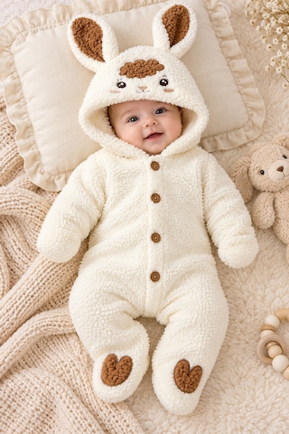 Beniizle 0-6 Ay Kuzu Desenli Peluş Bebek Tulum Kapüşonlu Welsoft Tulum Ekru