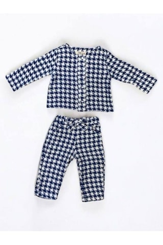 Kız Bebek Dokuma Kazayağı Desenli Ceketli Pantolon Takım-13552 Mavi