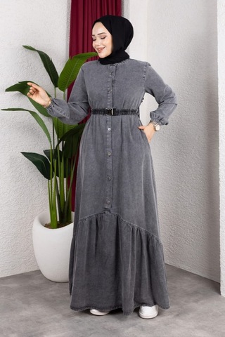 Hb Harma Time Butik Kadın Düğmeli Kuşaklı Koyu Gri Kot Elbise