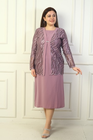 Kadın Pul Ve Sim İşlemeli Tül Ceket Uzun Kollu Astarlı Krep Elbise Büyük Beden 2'li Takım Gülkurusu