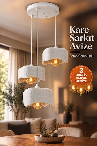 Beton Görünümlü 3'lü Kare Sarkıt Avize Modern Bohem Salon Yemek Masası G95 Rustik Led Ampul Hediyeli Beyaz