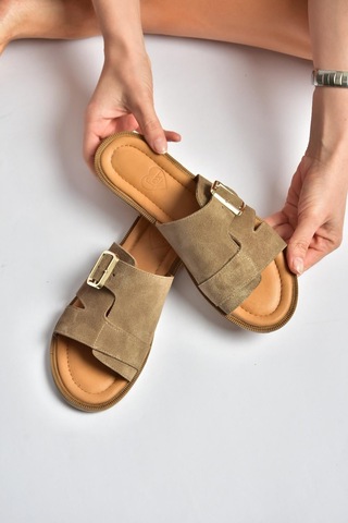 Fox Shoes Y944791002 Vizon Hakiki Deri Süet Kadın Terlik