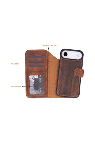 Bloomcase Magic Wallet Mahogany Saddle Hakiki Deri İphone Uyumlu 17 Air 6.5" Cüzdanlı Telefon Kılıfı Kahverengi