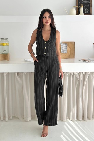 Çizgili Kumaş Yelek Takım Siyah Siyah