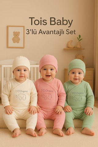 Tois Baby 3 Lü Avantajlı Set Hediyelik Organik Hastane Çıkışı Bebek Takımı 0-3 Ay Ekru Pembe Yeşil
