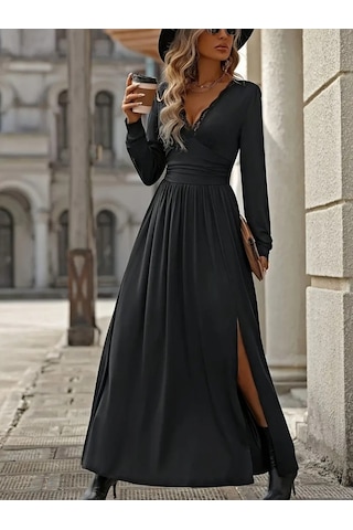 Kadın Uzun Kollu V Dantel Yakalı Yırtmaçlı Uzun Sandy Elbise Siyah