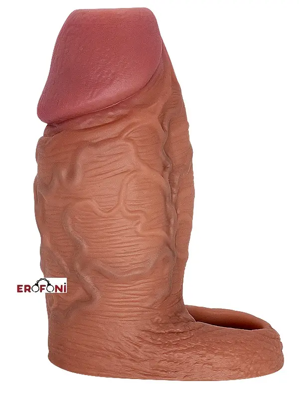 Erofoni Premium Ucu Açık Çift Katmanlı 11.7 Cm Testislere Geçirilebilen Damarlı Realistik Penis Kılıfı