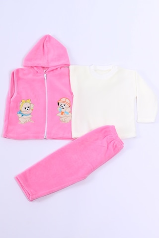 Hçm Bebek Polar 3lü Takım Kapşonlu Fermuarlı Nakışlı C23 Pembe