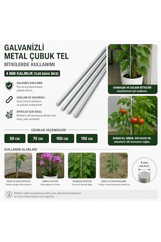 Domates Biber Salatalık İçin Vs... Fidan Ve Bitki Destek Çubuğu 100 Cm 10 Adet Paslanmaz Galvanizli Çelik Tel Metal , 4 Mm
