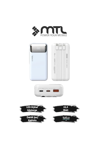 20000 Mah 22.5w Süper Hızlı Şarj Dahili Kablolu Dijital Led Göstergeli Pd Ve Qc 3.0 Powerbank Mt4320 Beyaz