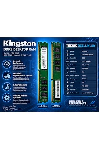 Kingston Kvr1333d3n9/8g 8gb Ddr3 1333mhz Cl9 240 Pin Masaüstü Ram