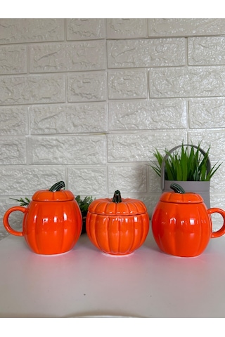 2 Balkabağı Kapaklı Kupa 1 Balkabağı Şekerlik 3'lü Set Balkabağı Seti