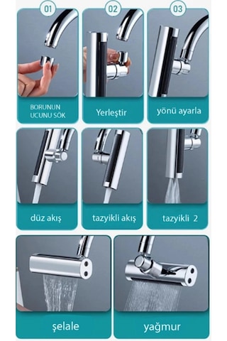 Krom Tasarruflu Şelale Musluk Başlığı 4 Modlu, Ayarlanabilir, Su Tasarrufu Sağlayan Pratik Başlık Çok Renkli