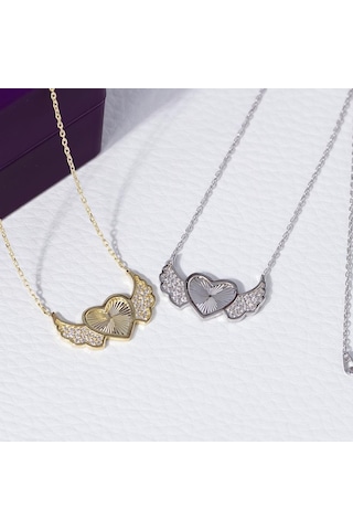 Nagiss Kalp Melek Kanadı Model Gold Rengi Zirkon Taşlı 925 Ayar Gümüş Kadın Kolye