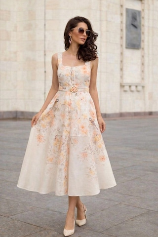 Asprinfashion Kadın Çiçek Desenli Kemerli Düğme Detaylı Midi Elbise İthal Kumaş Bej