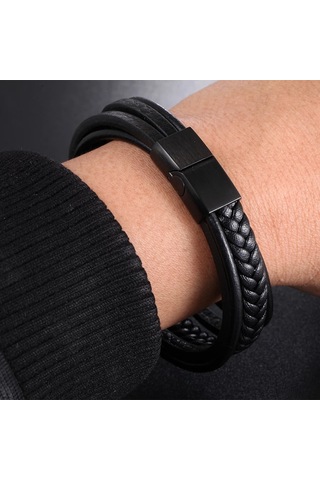 Gogoey Erkek Deri Bileklik Siyah Renk Manyetik Bileklik Db5035 Siyah