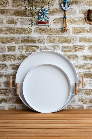 2'li Ahşap Kulplu 45 Cm Metal Tepsi Ve 37 Cm Beyaz Tepsi Çay Kahve Sunum Tepsisi Beyaz