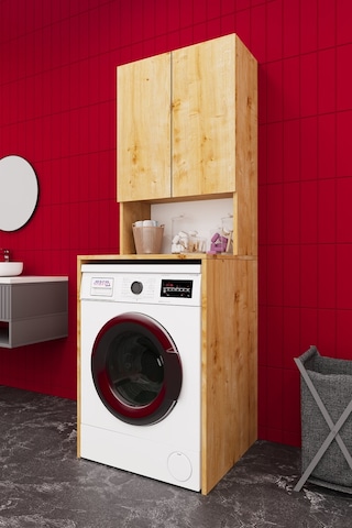 Asra Trend Çamaşır Makinesi Üstü Banyo Dolabı BD-01 %100 MDF İki Kapaklı Organizer Raf Safir Meşe