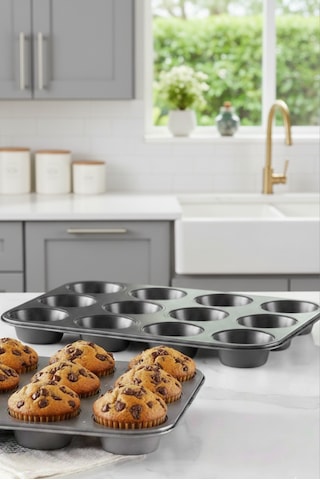 12'li Muffin Cupcake Pişirme Kalıbı Yapışmaz Çok Amaçlı Fırın Kalıbı Antrasit