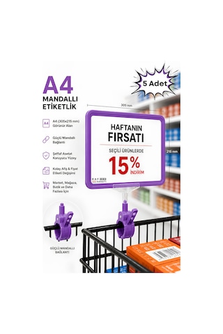 5 Adet - A4 Mandallı Fiyatlık Etiketlik Sepet Raf Askılık Fiyat Etiketi Çerçeveli Market Mağaza Mor
