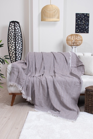 Pamuklu Zikzak Desenli Püsküllü Koltuk Örtüsü 170x210 Cm Dekoratif Ve Çok Amaçlı Kahverengi