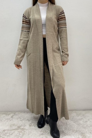 Onno Style Women Kilim Desen Uzun Ceket Bej