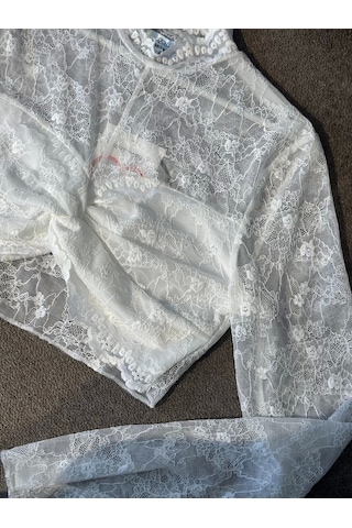 Quzu Dantel Crop Bluz Ekru Ekru