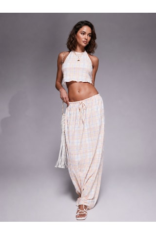 Merlot Halter Yaka Ekoseli Crop Üst Ekose
