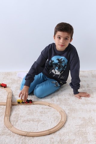 Erkek Çocuk Eşofman Takımı Palmiye Baskılı Ribanalı 4 Mevsim Bisiklet Yaka F13 Mavi