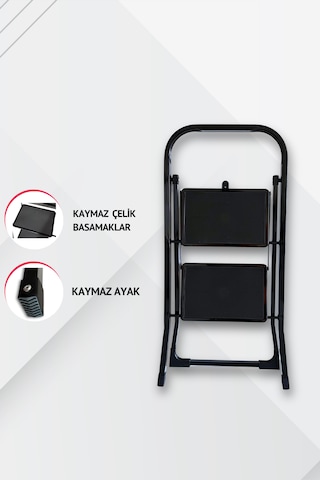 Portalife 2 Basamaklı Siyah Çelik Merdiven Ekstra Güvenli & Ultra İnce Katlanabilir Tasarım
