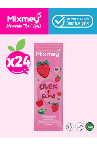 Mixmey Çilek Meyve Barı 24 Adet | Sağlıklı Atıştırmalıklar – Vegan, Glutensiz, Koruyucusuz (20GR X 24 ADET)
