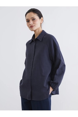 LC Waikiki Lacivert Dokulu Oversize Müslin Kadın Gömlek Tunik