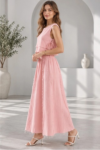 Mevese Beli Lastikli Ve Yan Bağlamalı Müslin Etek-crop Takım - Şeker Pembe