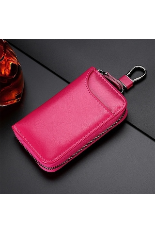 9105 Belden Askılı Büyük Kapasiteli Fermuarlı Deri Anahtarlıklı Çanta Çok Fonksiyonlu Cüzdan Pembe