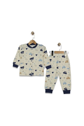 Bebegen Erkek Çocuk Ekru Laci Arabalı Desenli Çıtçıtlı Pijama Takımı Çok Renkli