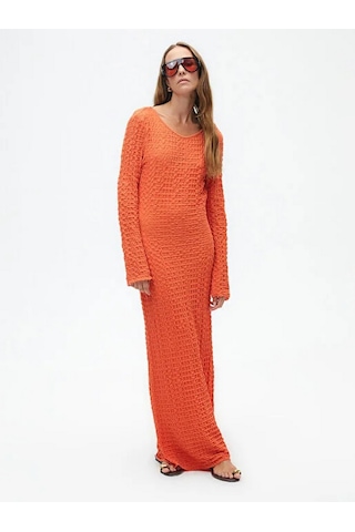 Nocturne Oversize Maxi Elbise - Uzun Kol - Minimalist Stil Kırmızı