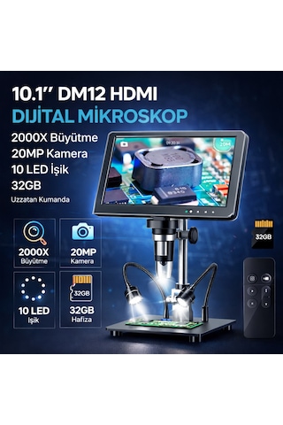 10.1'' Dm12 Hdmı Dijital Mikroskop 2000x Büyütme 20mp Kamera 10 Led Işık 32 Gb Uzaktan Kumanda