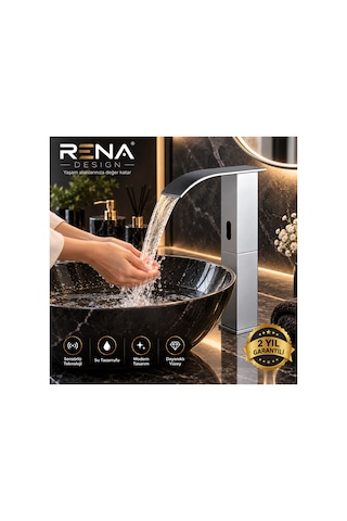 Rena Design Fotoselli Sensörlü Krom Kare Çanak Lavabo Bataryasi Temassiz Otomatik Tasarruflu Modern Musluk