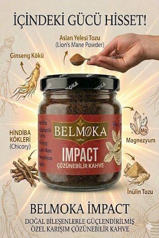 Belmoka Impact Ginseng Lion's mane Guarana Magnezyum ve İnülin Katkılı Hindiba Kahvesi 120 G