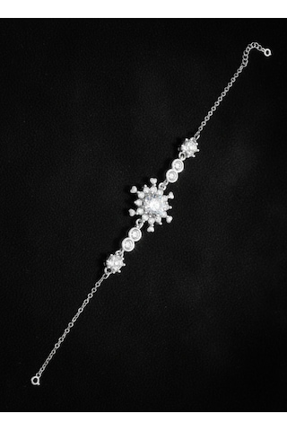 925 Ayar Zirkon Taşlı Rodyum Yonca Detaylı Kar Tanesi Gümüş Bileklik Rzb10086 Gümüş