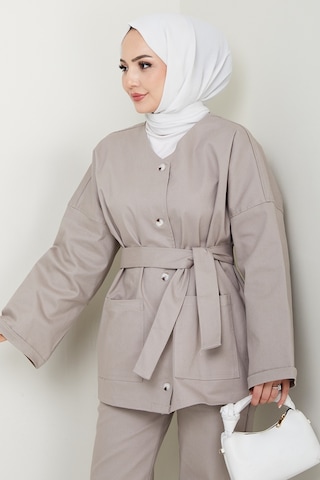 Bestenur Kemerli Ceket Pantolon Gabardin Takım 1557 - Taş Taş