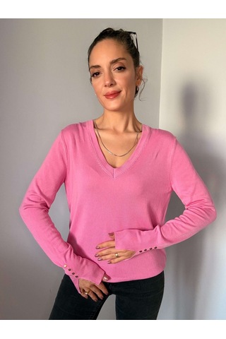 Ali Butik Pembe V Yaka Kol Detaylı Triko Pembe